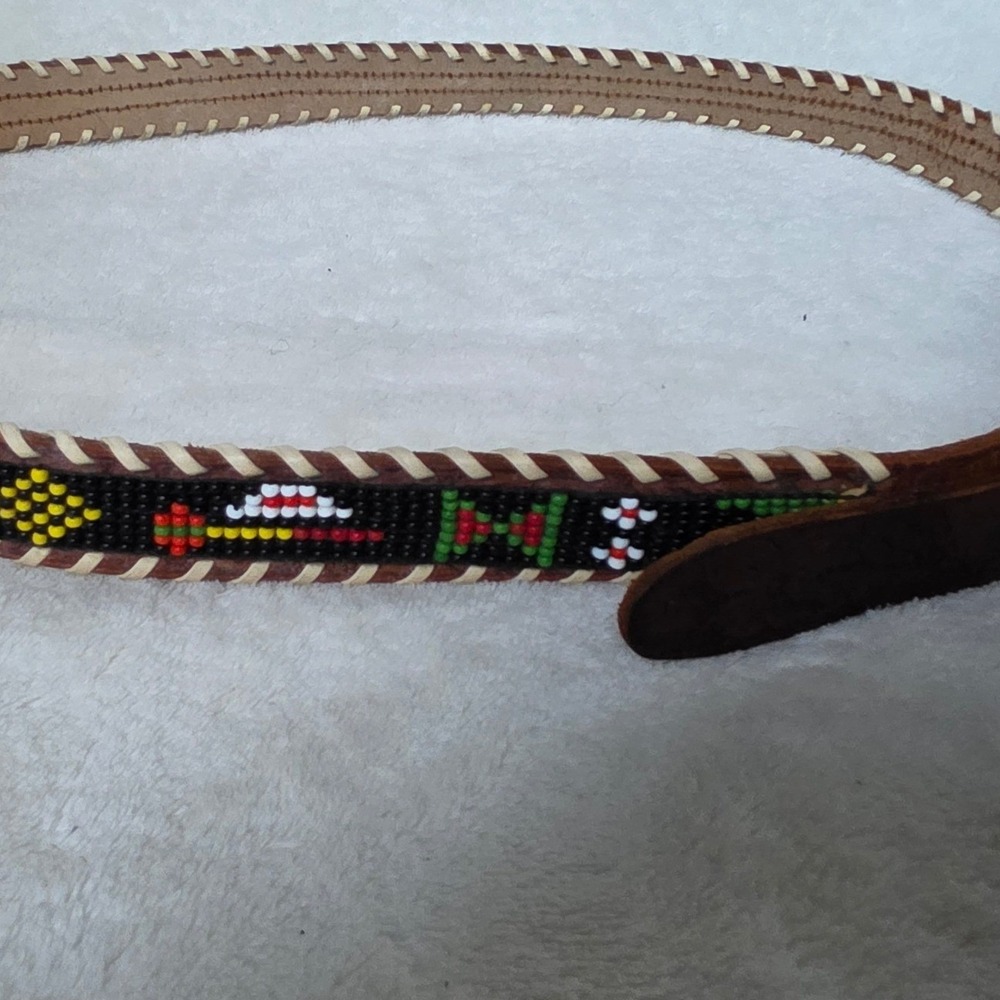 Vintage Wampum Hand Beaded Leather Belt 38 Brown Steerhide Western Boho Floral